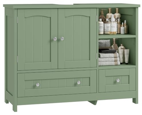 FOREHILL Waschbeckenunterschrank 80x30x65cm, Badezimmer Unterschrank grün | Badezimmerschrank mit 2 Schubladen & 2 Türen & 2 offenen Fächern & verstellbarem Regal, Waschtischunterschrank für Badezimmer