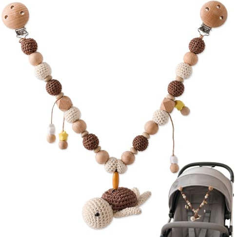 CLIUNT Chaîne de Poussette pour bébé, Jouets de Poussette, Chaîne de Poussette en Bois, Jouets Suspendus, pour Bébé Fille Garçon, pour Cadeaux Naissance d'anniversaire (Tortue)