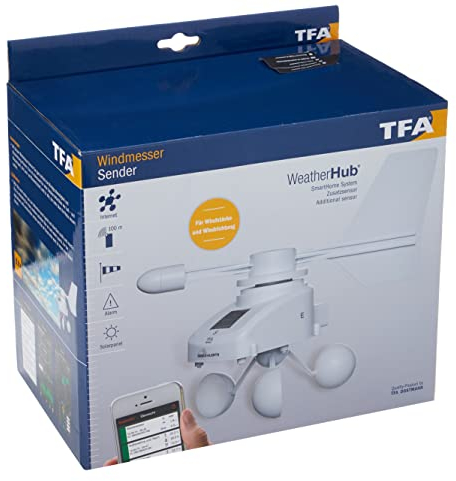 TFA Dostmann Weatherhub Solar-Funk-Windmesser, Überwachung über das Smartphone, weiß, L 250 x B 150 x H 195 mm