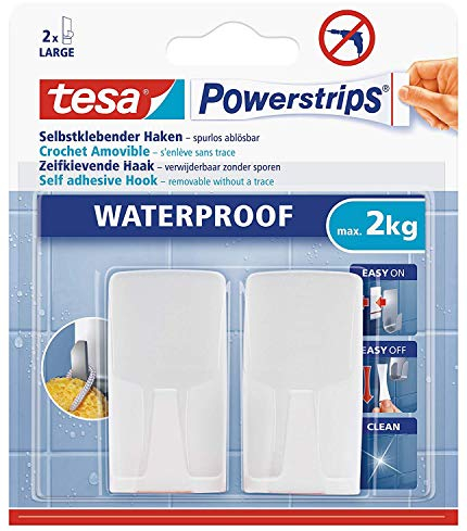 tesa Powerstrips Haken Waterproof Wave, weiß - selbstklebender Wandhaken für Dusche und Bad, groß - Kunststoff-Badhaken - belastbar bis 2 kg