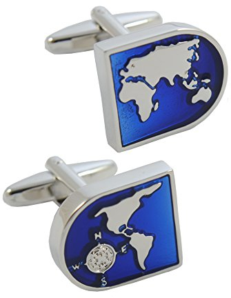 COLLAR AND CUFFS LONDON Gemelli Camicia Uomo Blu - con Scatola - Mappa del Mondo - Ottone - Colori Argento e Blu - Terra Viaggio Globo - Un Paio