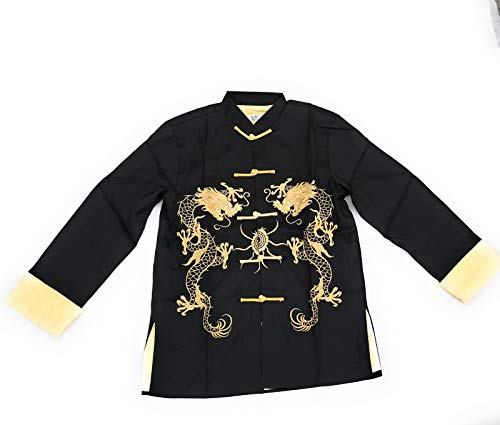 THY COLLECTIBLES Traditional Chinese Embroidered Silk Kung-Fu Tang Jacket Coat Tai Chi Uniform Double Dragon (Black, Asian XXXL = US XXL)