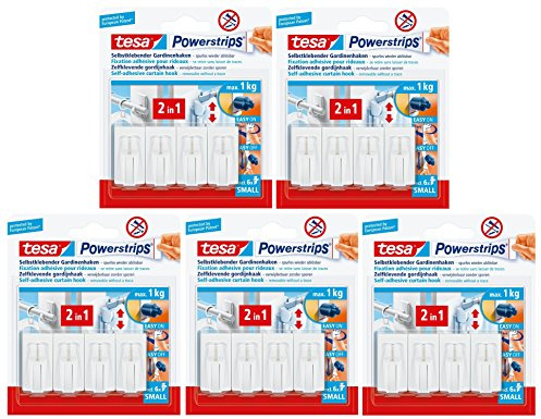 TESA Lot de 5 Powerstrips Fixation Vario pour Rideaux Blanc Lot de 4 Crochets et 6 Strips