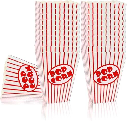 SHATCHI 200 palomitas de maíz de estilo retro a rayas rojas y blancas, contenedor de dulces de cartón, teatro, noches de cine, niños, fiesta de cumpleaños, cajas de comida, color, 200pcs (11691)