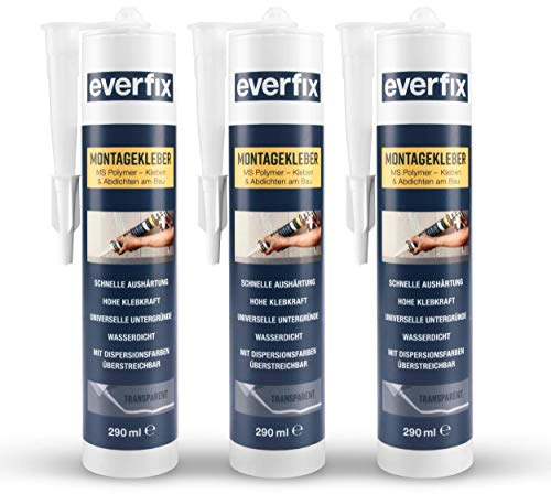 EVERFIX Montagekleber transparent (3 Stück) für innen und außen, extra starker Kraftkleber für Metall, Holz, Fliesen, etc., Baukleber zum Kleben und Abdichten, 325 g / 290 ml