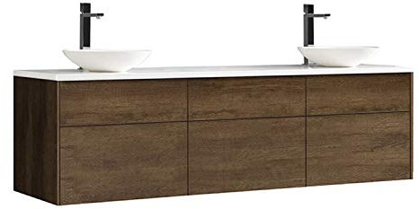StoneArt Badmöbel Set Mineralguss Waschbecken Waschschale Aufsatzwaschbecken und Unterschrank Waschtisch Einzel- oder Doppelwaschbecken Venice VE-1800pro-4 Eiche dunkel 180cm