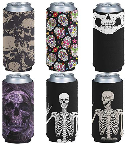 Pizding 6pcs Can Cooler Sleeves Beer Blank Cover, Soft Insulated Reusable Drink Coolies Beer Holders for Outside Activity Perfect for Projects,Holidays,Sport Events,Picnic Skull Sugar Skull Pattern