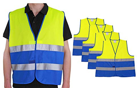 4business 4 Stück Warnweste gelb blau EN ISO 20471 für Erwachsene Größen S - 3XL Polyester waschbar Sicherheitsweste Signalweste 4er Set (L/XL)
