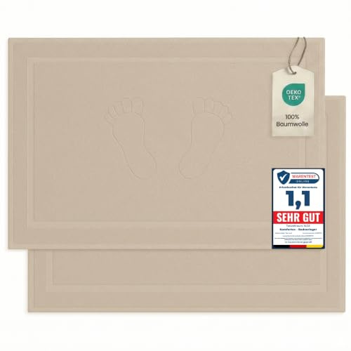 Komfortec - Set di 2 Tappetini da Bagno, Tappetini in Spugna per Doccia, Lavabili, Assorbenti e a Rapida Asciugatura – 800 g/m², 100% Cotone, 50x80 cm, Beige