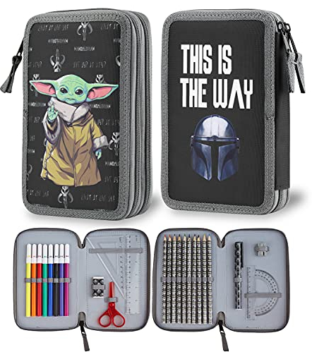 Disney The Mandalorian Federtasche Junge Gefüllt 2 Fächer, Star Wars Baby Yoda Federmäppchen Aesthetic, Mäppchen mit Inhalt, Schule Etui Kinder Geschenk