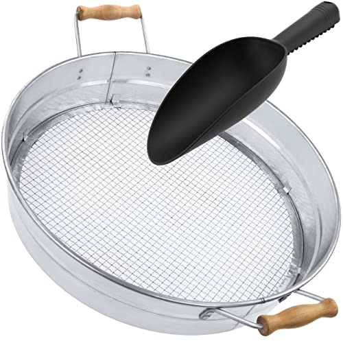 IDSWorld Galvanized Garden Sieve Compost Dirt Soil Shifter Round Riddle Screen Pan Strong Mesh Wooden Handles with Plastic Gardening Scoop