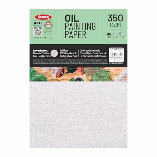 Anupam Papel de pintura al óleo, lienzo en relieve, papel al óleo, 350 g/m², papel texturizado para lienzo, tamaño A4, 10 hojas