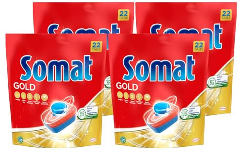 Somat Gold Spülmaschinen Tabs (4x22 Tabs), Geschirrspül Tabs für strahlend sauberes Geschirr auch bei niedrigen Temperaturen, Extra-Kraft gegen Eingebranntes