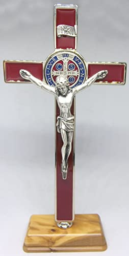 Generico 10.268.11 Rosso crocefisso crocifisso croce di san benedetto rosso argento smaltato a mano su base di legno di ulivo con scatola e preghiera 20 cm