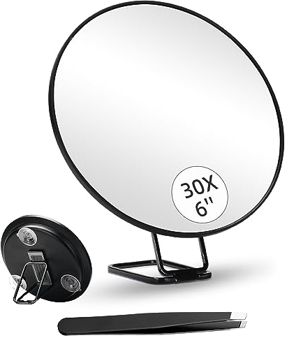 Suupvaor Miroir grossissant x30, grand miroir de maquillage de 15,2 cm avec grossissement x30, 3 ventouses et support réglable à 360 degrés pour une utilisation portable, table, support mural