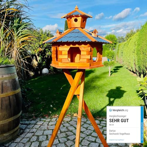 DARLUX handgefertigtes Sechseck XXL Vogelhaus aus Holz mit Ständer | Vogelfutterstation, lasiert, Outdoor, Garten, Balkon, Futterhaus, Futterhäuschen (Größe XXL mit Ständer, Blau - Braun)