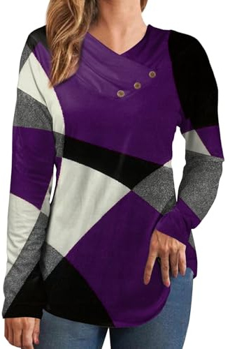 Kanpola tunika damer långärmad sweatshirt färgblock lång skjorta vår sommar v-ringad tröja veckad blusskjorta med knapp lös skjortblus toppar toppar, lila, XXL