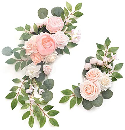 CDQL 2 Pezzi di Cartello di Benvenuto per il Matrimonio, Decorazione Floreale - Decorazione per Arco di Nozze con Fiori Artificiali, per Cerimonie Nuziali e Ricevimenti (Rosa chiaro)