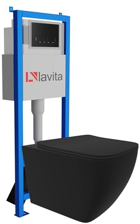 Lavita LAV 101 Vorwandelement für WC 40cm + Wand Hänge Tiefspül WC ONIL Schwarz Spülrandlos + Bedienplatte LAV 200.3.4 Schwarz + WC Sitz mit Absenkautomatik Komplettset Unterputz Spülkasten WC