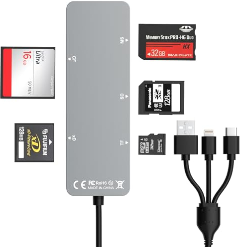SD Card Reader Memory Stick pro Duo Adapter - 5 in 1 SD/TF/CF/MS/XD Card Reader for iPhone Supports Micro SD/SDHC/Compact Flash/XD Picture Cards, Lightning+USB A+USB C Memory Stick Pro Adapter