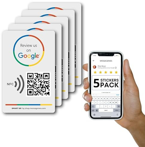 Google Review Aufkleber - QR & Tap NFC - 5er-Pack - Wiederverwendbarer QR-Code und NFC Review Sticker - iPhone & Android - Boosten Sie Business Reviews - Einrichtung zu Hause
