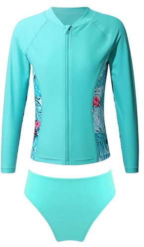 Fldy Mädchen UV Schutz Badeanzug Tankini Langarm Oberteil Shorts Set Kinder Schwimmbekleidung UPF 50+ Surfen Strandmode Blaugrün 146-152