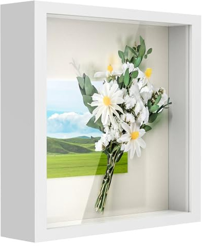 Anhow 9x9 Shadow Box Frame, 3D Picture Frame Display Cas with Real Transparent Glass for Photos, Memorabilia, Crafts, Souvenir, Wedding Memories, Baby Items - White/ 1.2 Inch Depth