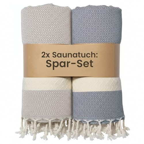 Saunahandtuch 2er Set - Damen Herren 100x200 cm (Baumwolle), 2x Saunatuch XXL, Hamamtuch groß 100 x 200 - lang, platzsparend, leicht - Sauna Hamam Strand Tuch Zubehör, Saunakilt Handtuch Strandtuch