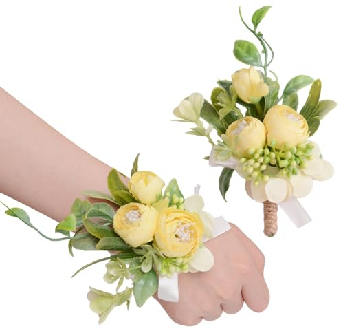URROMA Ansteckblume mit gelben Rosen, künstlich, handgefertigt, für Brautschmuck, Hochzeit, Party oder Abschlussbälle, 2 Stück