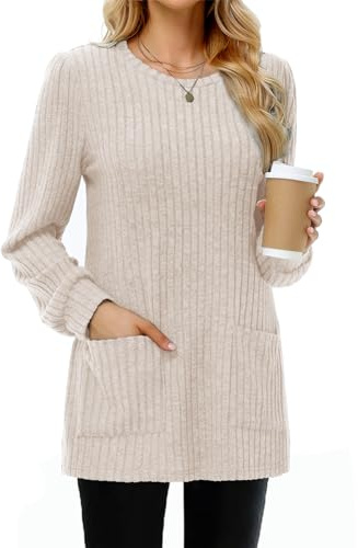 Tanmolo Suéter Mujer Largo Ligero con Bolsillos Cuello Redondo Manga Larga - Jersey Básico de Punto Suave para Otoño Invierno Primavera Albaricoque, L