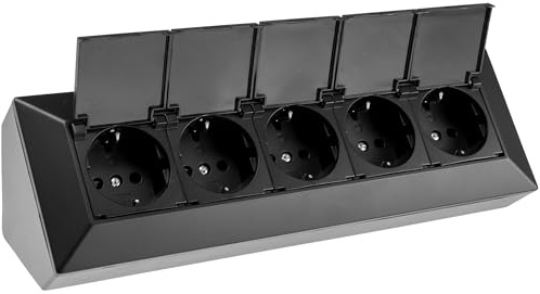 ChiliTec Steckdosenblock 5-Fach Mehrfachsteckdose mit Klappdeckel, Schwarz | 230V, Stromverteiler für Küche Büro Werkstatt