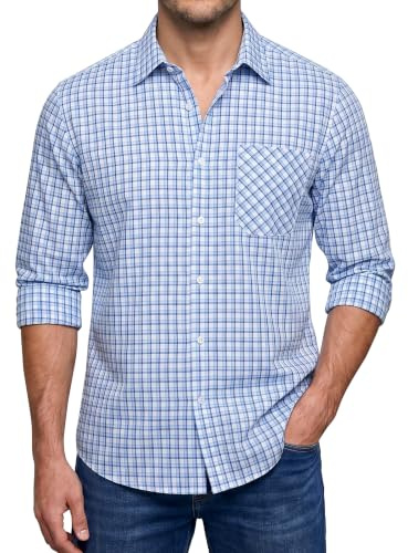Enlision Camisas Hombre Manga Larga Azul y Blanco Camisa a Cuadros Leñador Casual Clásica para Hombre con Botones Bolsillo Regular Fit Tallas Grandes XL