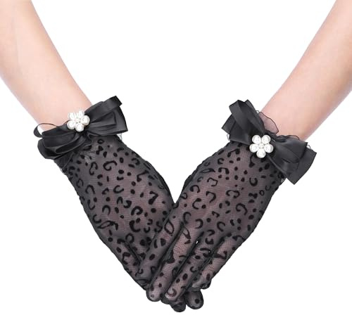 Faletony Kurze Spitzenhandschuhe Damen Net Handschuhe mit Perlen Blüten Spitzen Handschuhe Elegant Brauthandschuhe Hochzeit Abendessen Teeparty Kostüm Oper Abschlussball Halloween