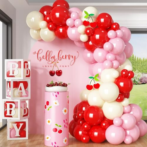 HILAVO Kit de arco de globos rosa y rojo, guirnalda de globos de cereza, 91 unidades, globos de fiesta rojo, rosa bebé, amarillo pastel, para niñas, dulce baya, primer cumpleaños, fresa, baby shower