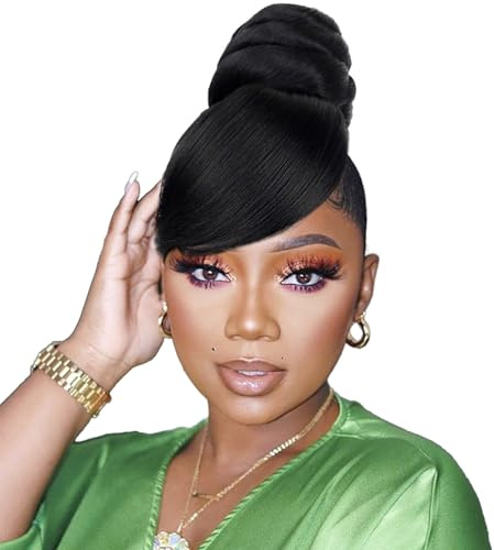 VAVANGA SWIRL BUN BANG SET 2PCS - Quick Medium Size China Bun with Swoop Side Bang Updo Black Chignon Bun Clip in Hairpiece for Black Women(JS8-X, 1B#)