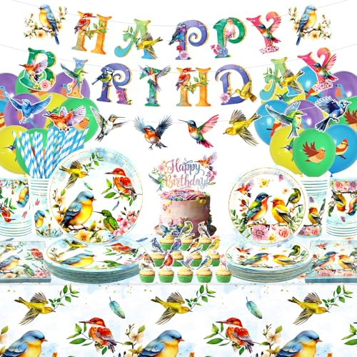 Bird Party Supplies, Includes Happy Birthday Banners, Plates, Tablecloth, Cups, Balloon and Straws, for Bird Theme Baby Shower Summer Tea Party Decorations (Banners)