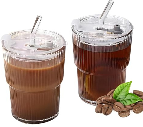 Yistoi 2 Pièce Verre avec Paille, Verres à Eau 450 ML avec Couvercles et Paille, Tasses à Eau Transparentes à Rayures, Gobelets à Eau en Verre Réutilisables, pour Jus, Cafe, Bubble Tea