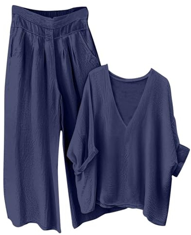 HAOLEI Tuta Donna Completa Cotone e Lino Leggera Completo Elegante Tute Taglie Forti Set Tinta Unita Camicia e Pantaloni a Gamba Larga Completi Comodo Traspiranti da Casa