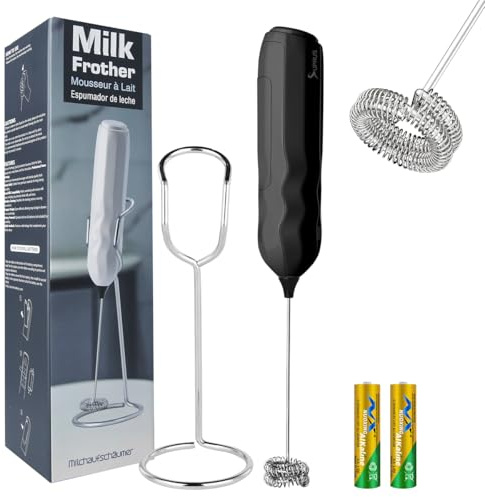 SUPRUS Ultra Fast Handheld Milk Frother Double Whisk with Stand 2 Batteries Stainless Steel for Lattes Cappuccino Matcha Hot Chocolate Coffee Bar Accessories Kitchen Gadgets Gift