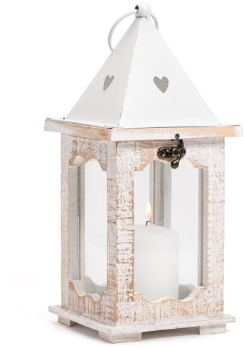 Rustik trälykta med glas och metalltopp | Dekorativ | Shabby Chic/Farmhouse-stil | Dekorativ ljushållare för inomhus och utomhus | Vit eller mörkt trälykta | h. 30 cm (vitt trä)