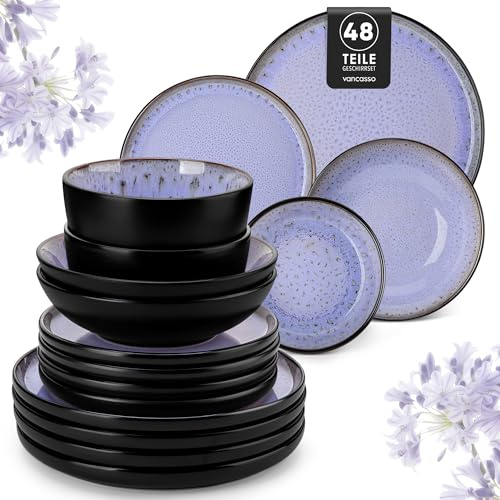 Steingut Geschirrset 12 Personen, vancasso AMBER Teller Set 12 Personen, Tafelservice 48tlg mit Speiseteller, Dessertteller, Suppenteller, Schüssel, Reaktive Glasur, Abendviolett, Spülmaschinenfest