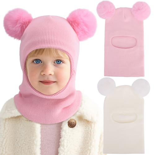 DRESHOW Cappello Passamontagna Bambino Inverno Bambini Cappello Invernali Calda Cappuccio con Morbido a Maglia Sciarpa con Pompom per Bambini Ragazzi Ragazze 1-6 Anni