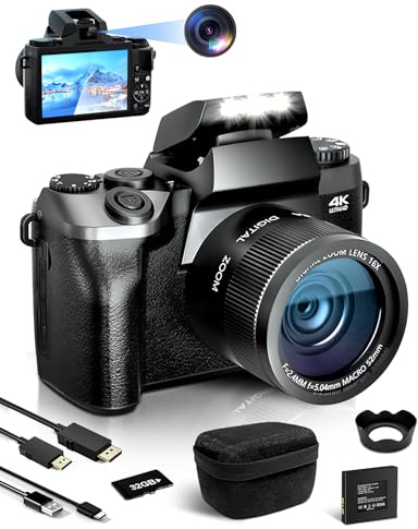 Fine Life Pro Digitalkamera 4K 64MP Fotokamera mit 4.0 Touchscreen, 16X Digitalzoom Kompaktkamera Mit Selfie-Frontkamera für Anfänger mit WiFi, mit Kameratasche, Haube, 32GB TF-Karte(Doppellinse)