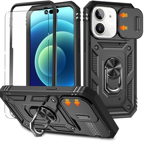 YmhxcY for iphone 12/12 Pro Case with Camera Cover Slider,Screen Protectors,Build in 360°Rotating Ring Kickstand, Military Grade Protective Case for iphone 12/12 Pro 6.1-Black