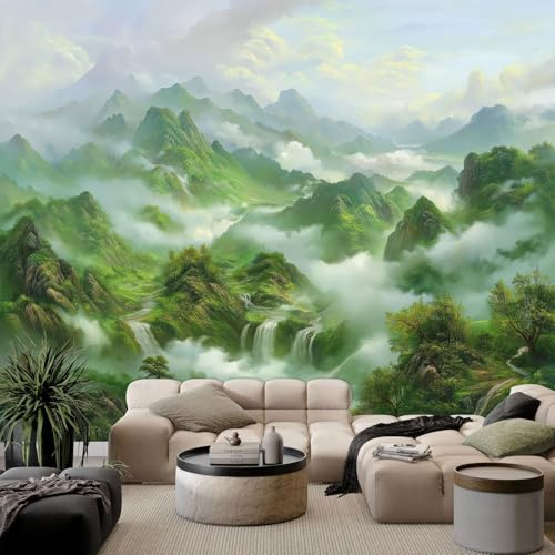 Fotomurales Papel pintado Oriental Pintura de paisaje Montañas verdes Papel pintado tejido no tejido Decoración de Pared decorativos Murales Moderna 250 x 175 cm Fotomurales