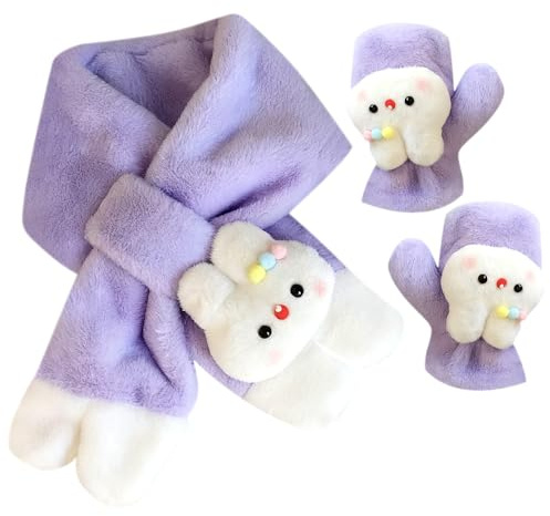 Écharpe Enfant Fille, Ensemble Gants Echarpe Enfant, Adorable Peluche Lapin Écharpe, Tour de Cou Enfant avec Doublure, Hiver Accessoires Ensemble Set Pour Fille 3 à 8 ans-Violet