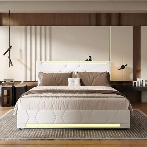 HYTKKBD Struttura Letto Matrimoniale, 140x190 cm, Letto Baule con LED RGB e Porte USB, Contenitore Idraulica, Letto alla Francese Rete a Doghe, Senza Materasso, Lino Beige