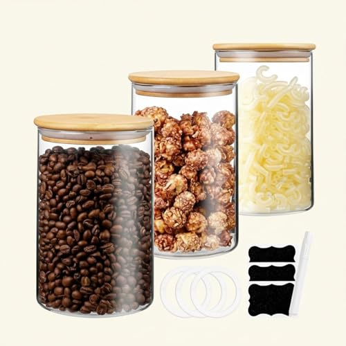 AQZONE Set of 3 Glass Storage Jars, 1 Litre Airtight Food Containers with Bamboo Lids, Clear Glass Canisters For Pasta, Cereal, Tea, Coffee, Sugar, Durable, Dishwasher Safe, (1Ltr - 3 Pcs)