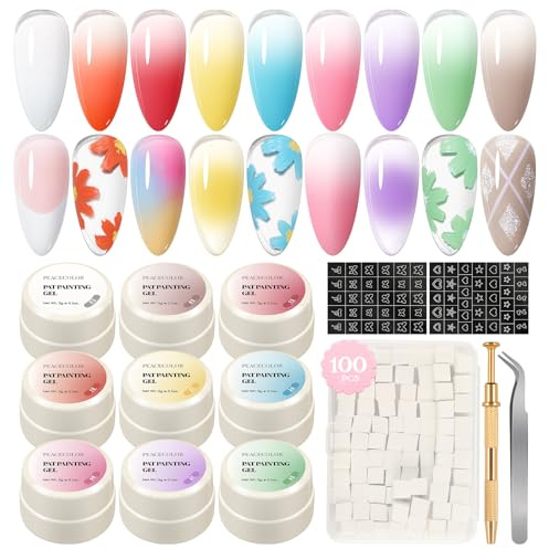 PEACECOLOR Patting Gel Polish 9 Colors with Nail Sponges Painting Nail Art | Ombre Gel White Pink Red Yellow Spring Summer Color,100pcs Nail Sponges 1pc Metal Grabber Manicure gradient,blooming