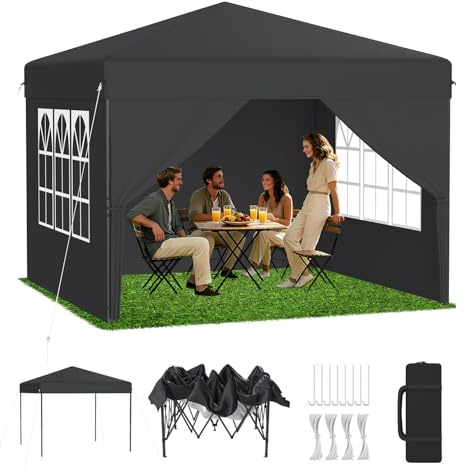 LZQ Premium pop-up paviljong 2,5 x 2,5 m med en knapptryckning, hopfällbar paviljong, trädgårdspaviljong, festtält, vikbart med 3-vägs höjdjustering 240–260 cm, fälltält med sidoväggar och bärväska